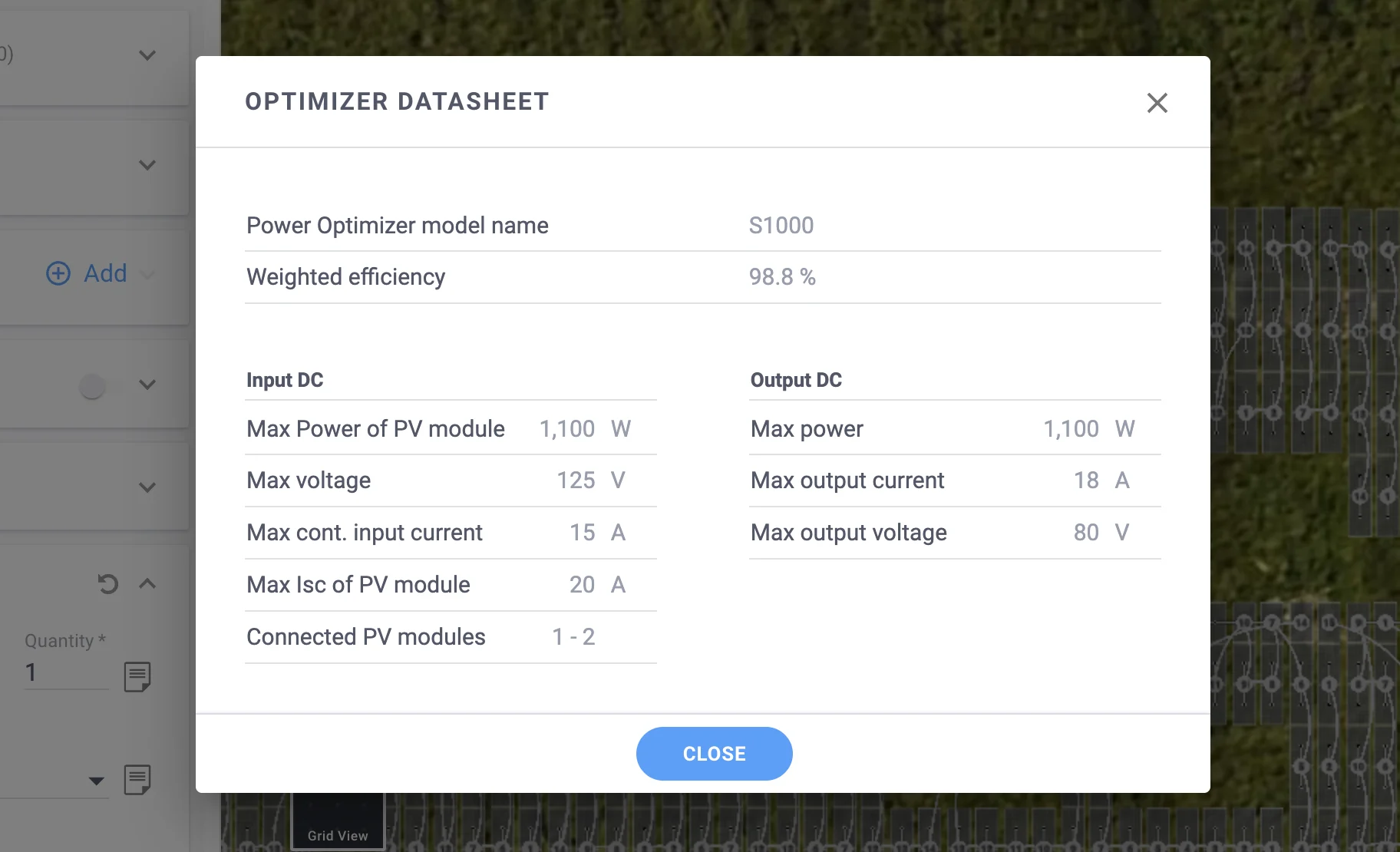 Optimizer Datasheet window in Designer for the S1000 Power Optimizer, listing its input and output DC limits