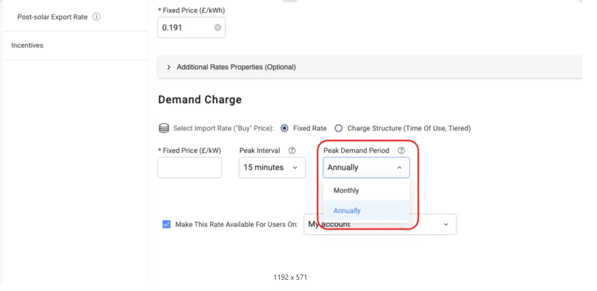 Demand Charge settings in Designer with the Peak Demand Period dropdown open, showing Monthly and Annually options