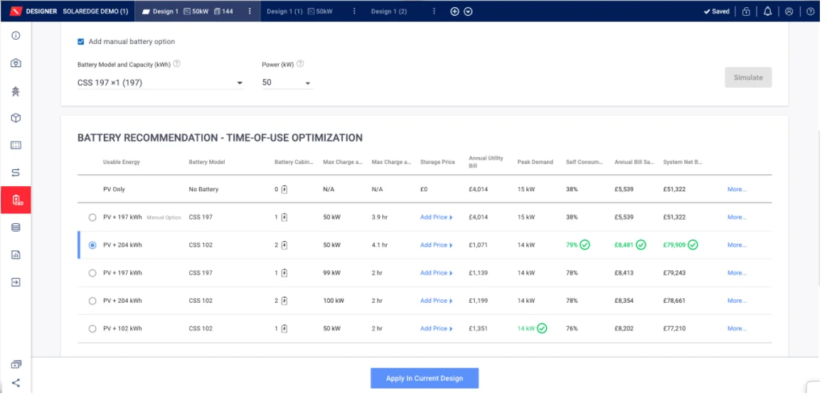 Battery Recommendation – Time-of-Use Optimization table in Designer, listing battery options with the right-sized option selected