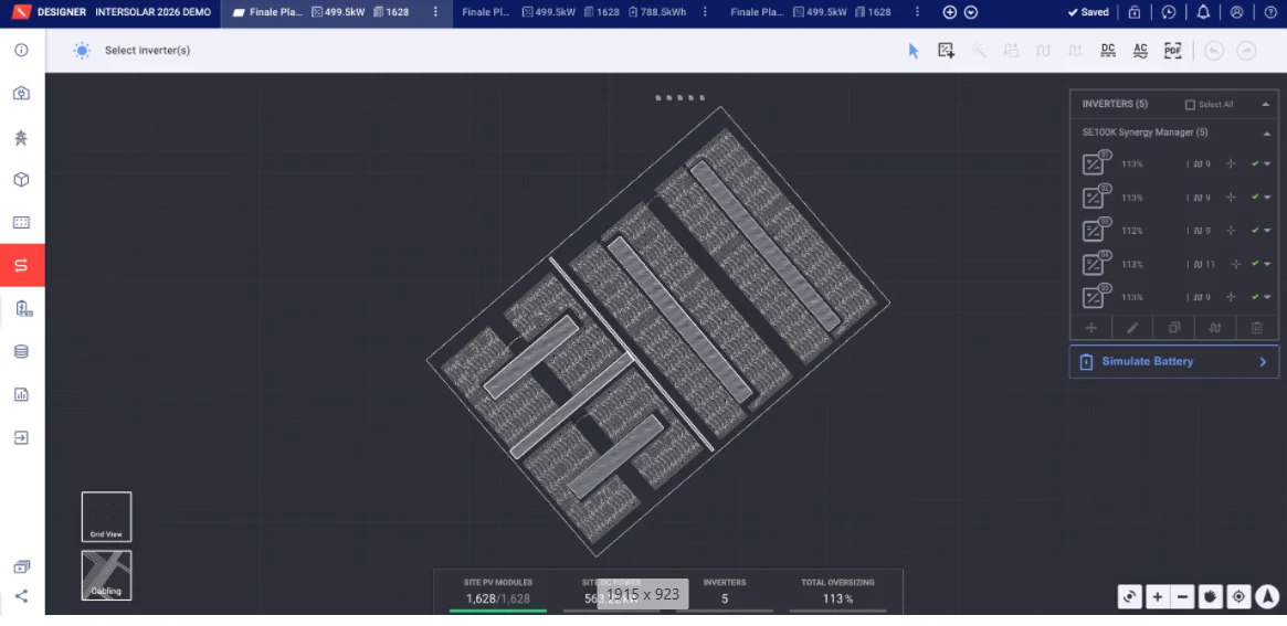 Designer stringing view of a large site layout with five inverters and the stringing tools open
