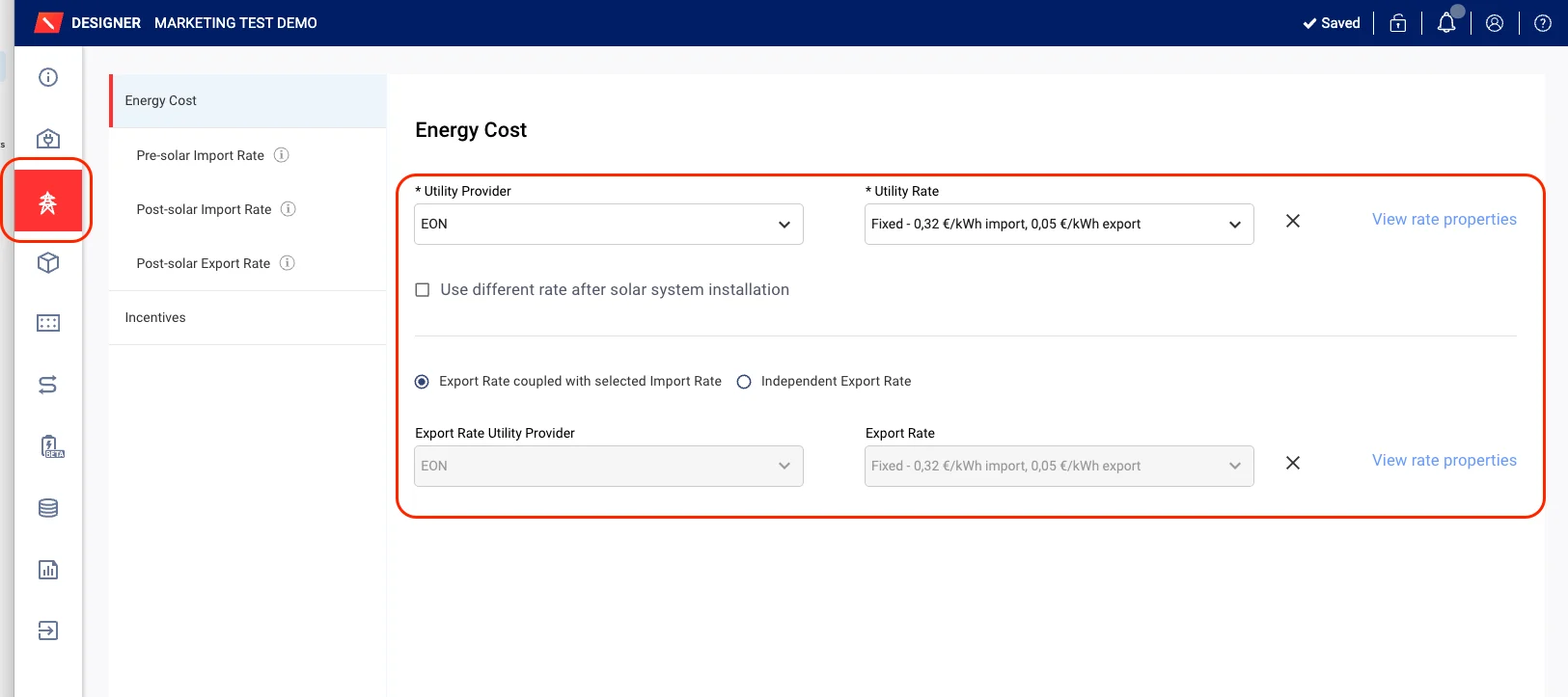 Designer’s new standalone Utility Rate tab showing the Energy Cost screen, with import and export rate selection in one place